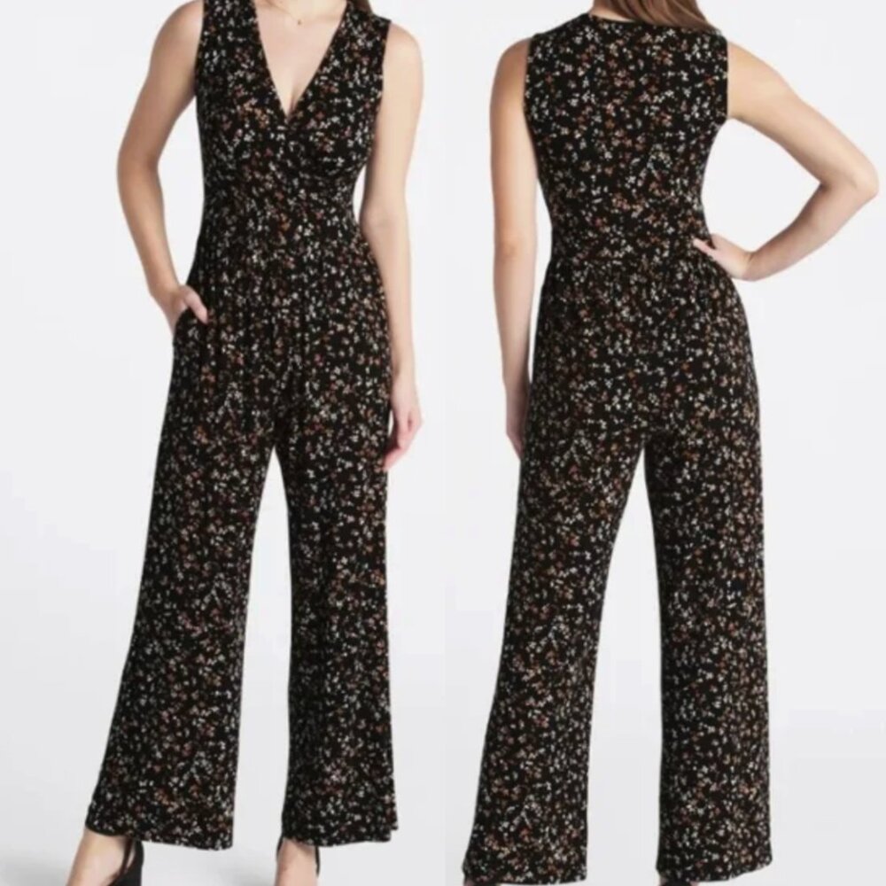 MARKET & SPRUCE STITCH FIX Plus Size Adelina Knit Surplice Jumpsuit Black Floral